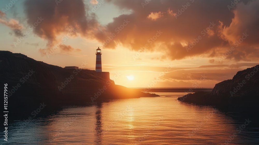 a lighthouse at the end of a bridge, framed by a sunset sky and calm waters below, capturing a sense of quiet solitude a lighthouse at the end of a bridge, framed by a sunset sky and calm waters below, capturing a sense of quiet solitude