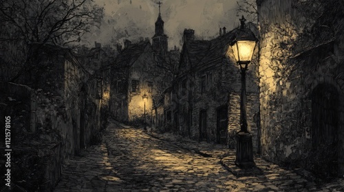 Gaslit cobblestone street, ancient buildings, dark night. photo