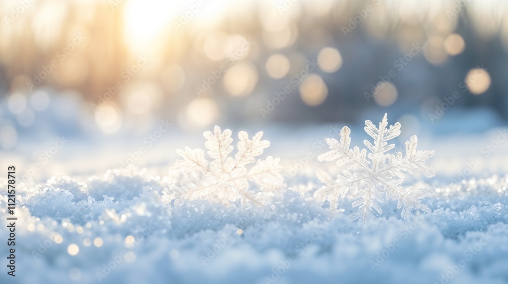Magical winter snowflakes in warm sunset glow against sparkling snow background Magical winter snowflakes in warm sunset glow against sparkling snow background