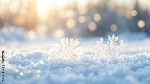 Magical winter snowflakes in warm sunset glow against sparkling snow background photo