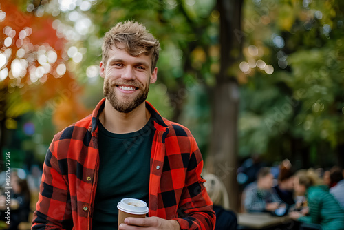 A man with a beard is smiling and holding a coffee cup
