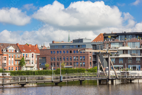 Obraz na płótnie Little wooden bridge in the inner harbor of Emden, Germany w salonie