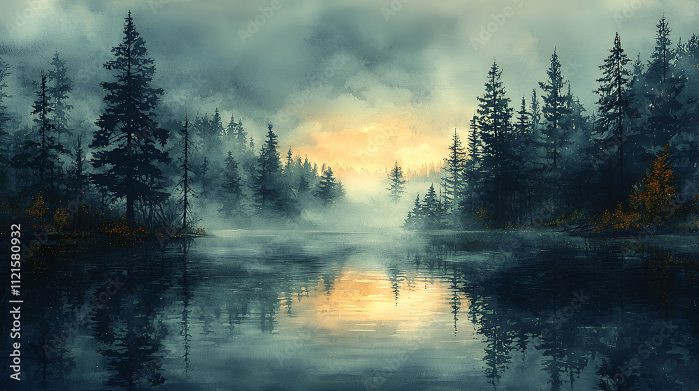 A serene landscape featuring a misty lake surrounded by dense evergreen trees under a cloudy sky at dawn.