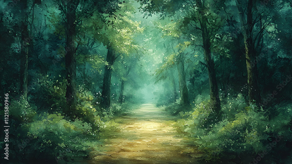 Fototapeta premium A serene forest path with lush greenery, dappled light filtering through the trees, inviting exploration and tranquility.