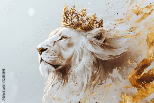 Majestic white lion with a golden crown, symbolizing royalty and strength. photo