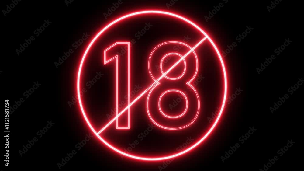 18+ not allowed icon, No under 18 sing  icon animation on black background.