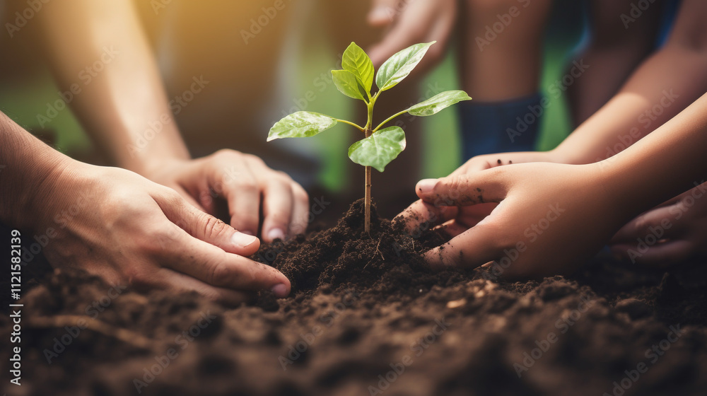 Fototapeta premium Caring hands gently planting and nurturing a young seedling symbolizing the growth hope and potential for a sustainable future The image represents the essence of environmental stewardship