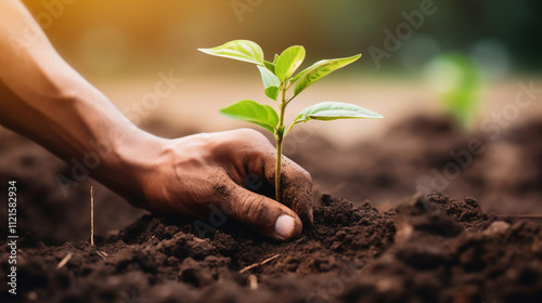 Close up of a person s hands gently holding and caring for a small seedling growing in the soil