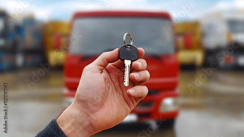 Hand holding key in front of a blurred van