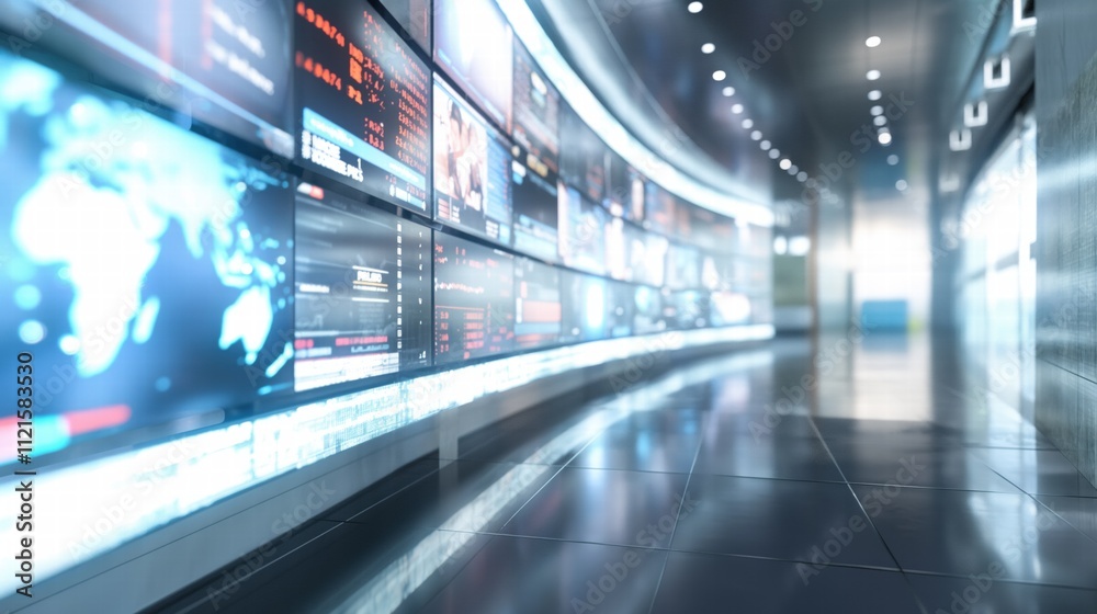 Blurred wall of television screens broadcasting 24/7 news and media. Concept of internet, AI, and nonstop data. Blurred wall of television screens broadcasting 24/7 news and media. Concept of internet, AI, and nonstop data.