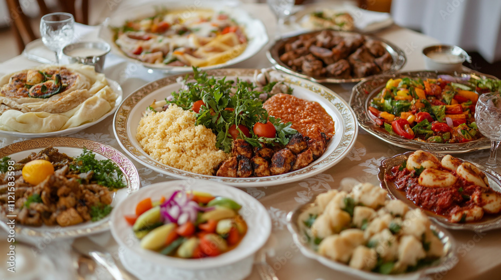 Numerous delicious snacks are surrounding on the table, Warm festive table setting with variety of dishes and foods, A vibrant table bursting with various dishes of various foods. Numerous delicious snacks are surrounding on the table, Warm festive table setting with variety of dishes and foods, A vibrant table bursting with various dishes of various foods.