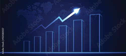 business glowing growing graph up on dotted world map vector poster