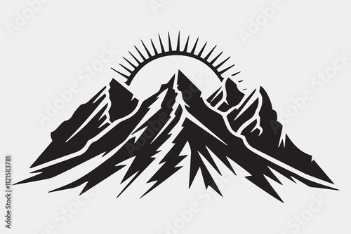 Stylized mountain range silhouette with rising sun, bold and powerful.