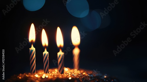 Three lit birthday candles on dark background.