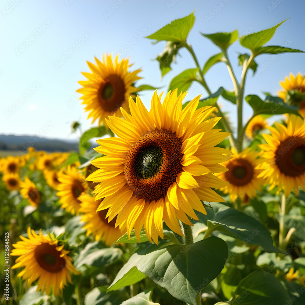 Fototapeta premium Natural landscape of sunflowers field on sunny day