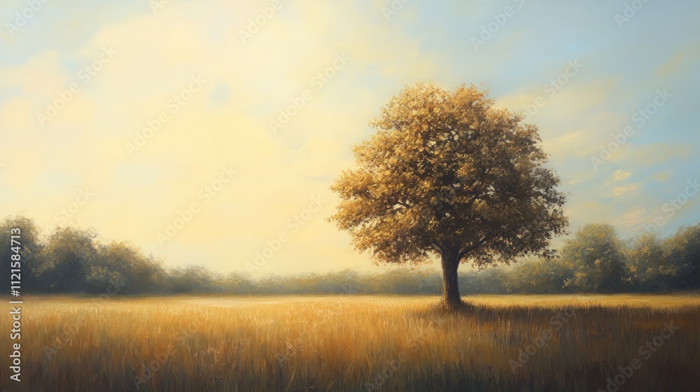 Fototapeta premium Solitary tree in golden field, serene sunset.