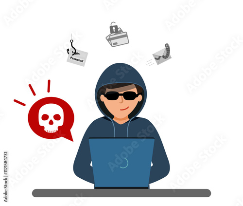 A bubble with a skull painted on it. Hacker is sitting at computer, cracking the username and password.