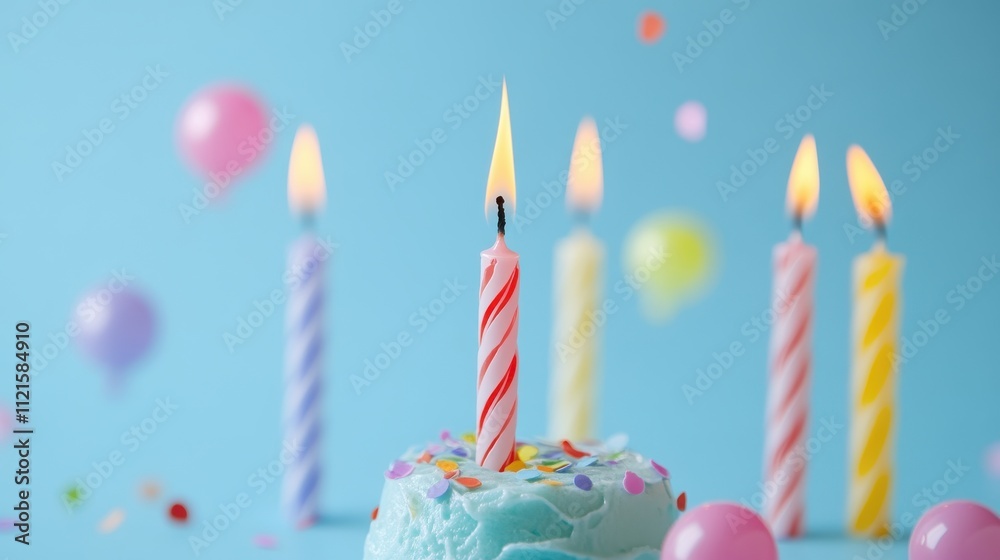 Festive birthday cake with candles and confetti.