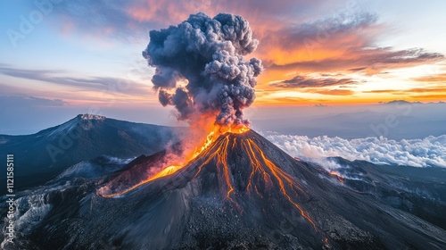 A volcanic eruption with molten lava streaming down the slopes of a mountain, surrounded by smoke and ash clouds, under an intense sky