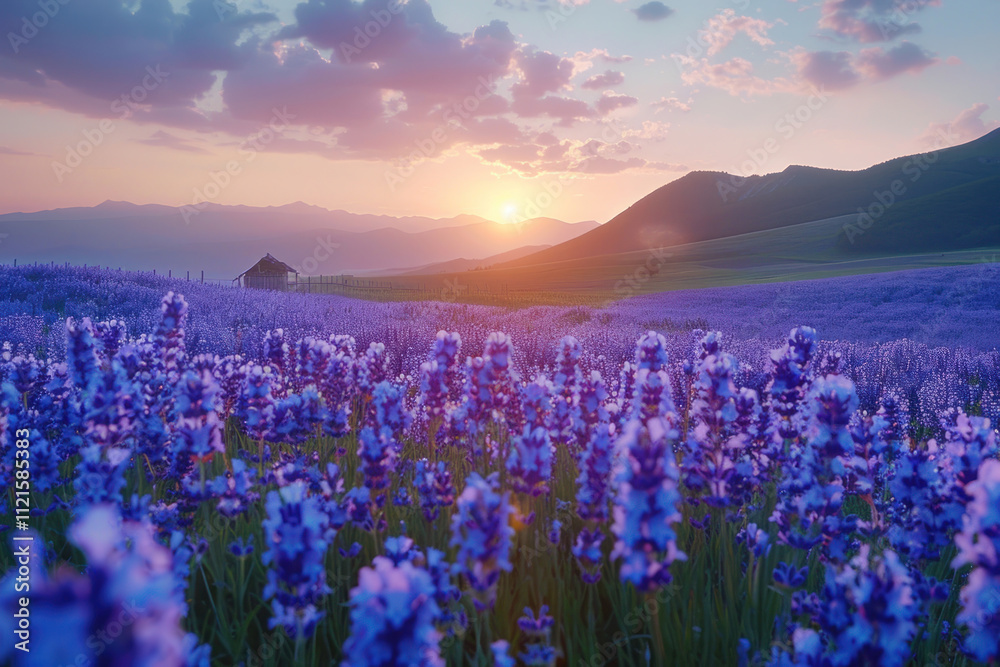 Naklejka premium blue lavender flowers blossoming on vast field in peaceful summer farmland.