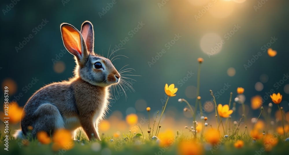 Fototapeta premium Hares in spring folklore, hopping through a dreamy yellow and gray landscape, surrounded by glowing golden fireflies. A whimsical HD 4k photo with vibrant party lights.