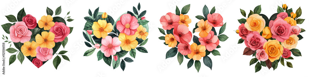 Naklejka premium Rose with heart concept. Heart shaped floral arrangements featuring pink and yellow wild roses and hibiscus, surrounded by lush green leaves, create vibrant and romantic display