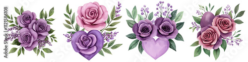 Rose with heart concept. Beautiful watercolor floral arrangements featuring lavender and pink roses with delicate baby breath and lush green leaves, creating romantic and elegant design