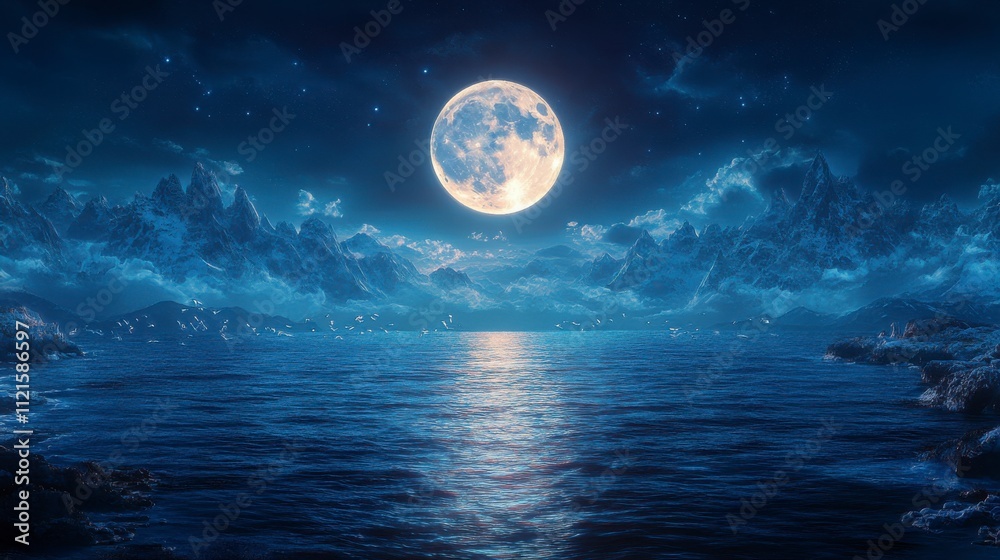 Fototapeta premium Nighttime Moonlit Mountains over a Serene Ocean