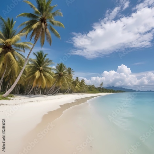 Serene Southeast Asia Beach Scene with Blue Sea, Clear Sky, and White Clouds photo