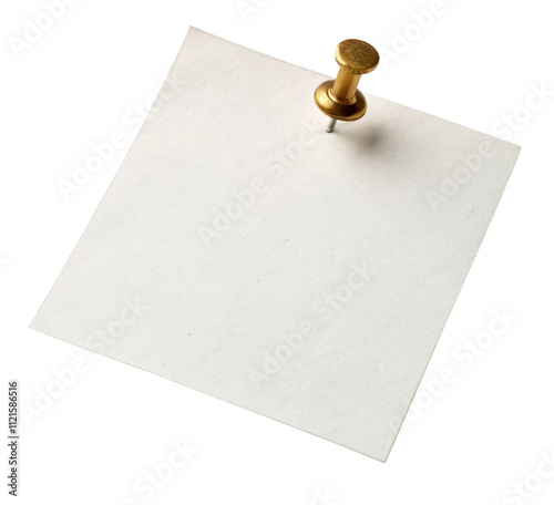 Square white note pinned with a gold pin, featuring a slightly textured surface, ideal for reminders, creative mockups, or stationery designs. Isolated on transparent background, png.