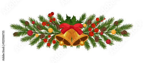 Christmas decoration with bells, fir branches, pine cones, berries Christmas design for festive decoration. Vector illustration on white background