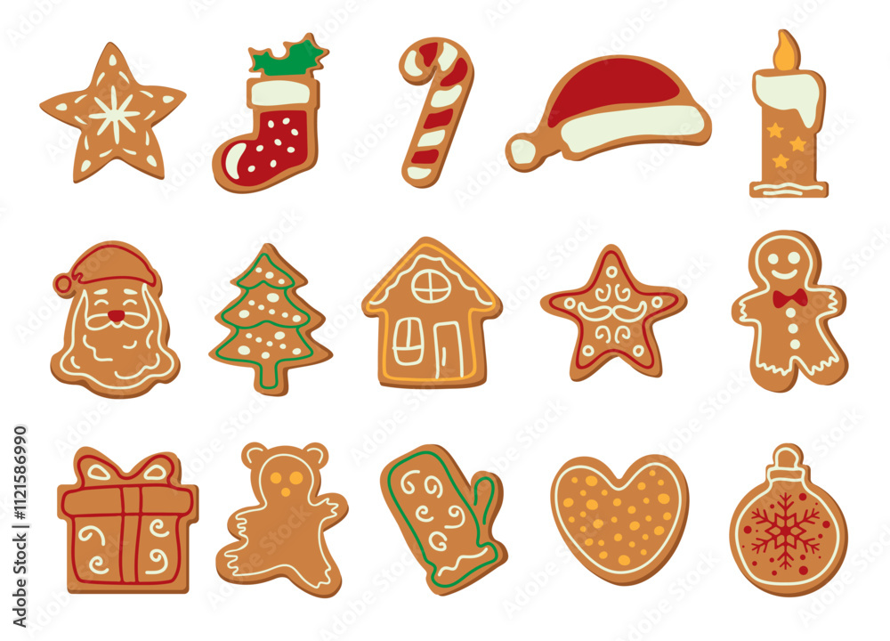 Large set of Christmas gingerbread with coloured icing Winter homemade desserts of different shapes Baking on white background Vector illustration Large set of Christmas gingerbread with coloured icing Winter homemade desserts of different shapes Baking on white background Vector illustration