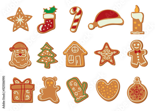 Large set of Christmas gingerbread with coloured icing Winter homemade desserts of different shapes Baking on white background Vector illustration