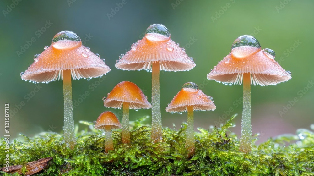 Dew-covered mushrooms growing on a mossy surface, with water droplets reflecting the light, creating a serene and tranquil scene Dew-covered mushrooms growing on a mossy surface, with water droplets reflecting the light, creating a serene and tranquil scene