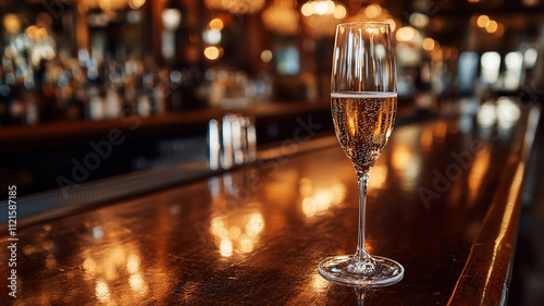 A glass of sparkling wine on a polished oak bar with chandelier reflections