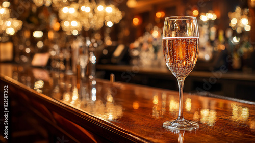 A sparkling wine glass on a polished wooden bar with reflections of chandeliers