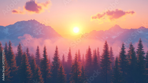 serene sunset over misty mountain forest landscape