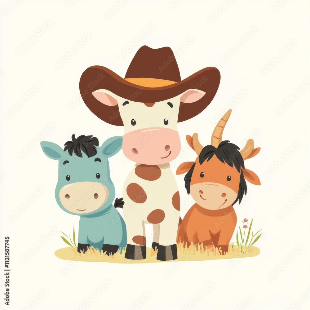 Fototapeta premium Adorable Farm Animals Cow Donkey Calf Illustration