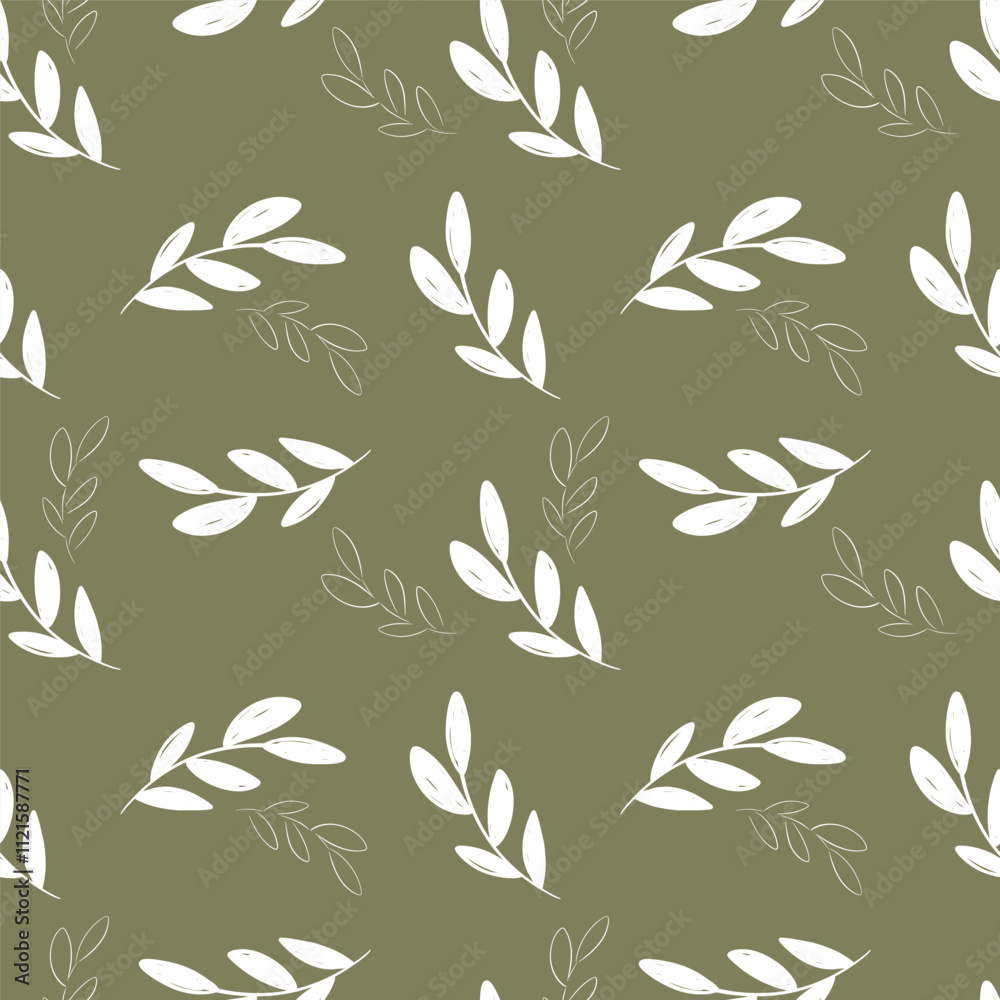 Fototapeta premium Delicate hand drawn floral pattern featuring leaves on a muted green background vector illustration