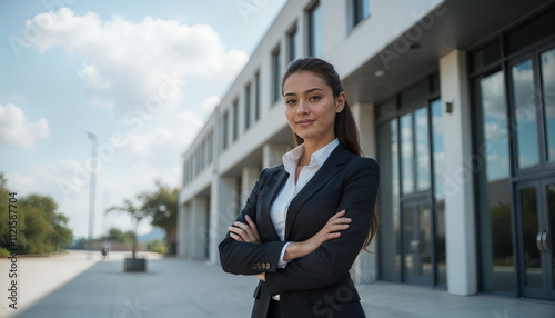 Outdoor portrait of young businesswoman standing office building. Successful smiling indian or arabic woman in casual business suit looking at camera outdoors.