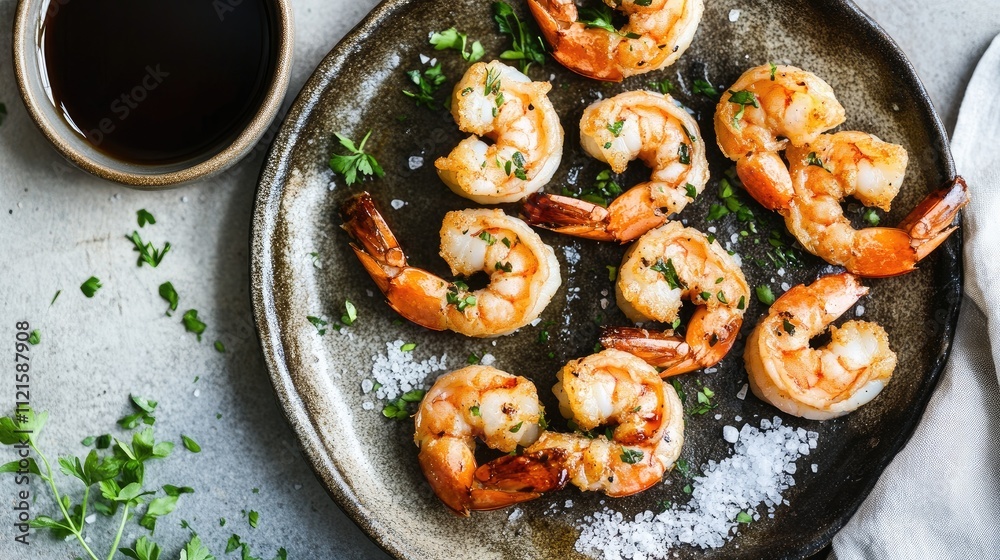 Tempura shrimp served on a rustic plate with a light dusting of sea salt, accompanied by a bowl of soy sauce and garnished with fresh herbs Tempura shrimp served on a rustic plate with a light dusting of sea salt, accompanied by a bowl of soy sauce and garnished with fresh herbs