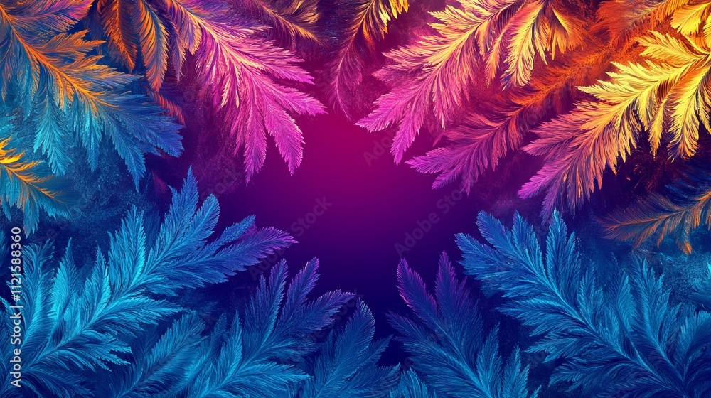 A vibrant, abstract design featuring colorful fern-like patterns against a dark background. A vibrant, abstract design featuring colorful fern-like patterns against a dark background.