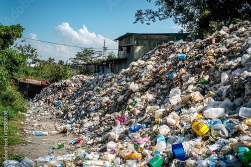 Mountains of plastic debris and trash cover the landfill site, with nearby structures visible under a clear blue sky. The accumulation highlights the urgent pollution issue affecting the ecosystem.