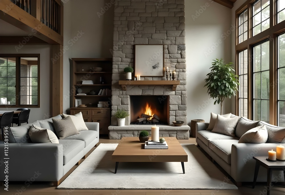 Fototapeta premium A cozy and rustic living room with a large stone fireplace, wooden beams, and large windows overlooking a natural landscape.