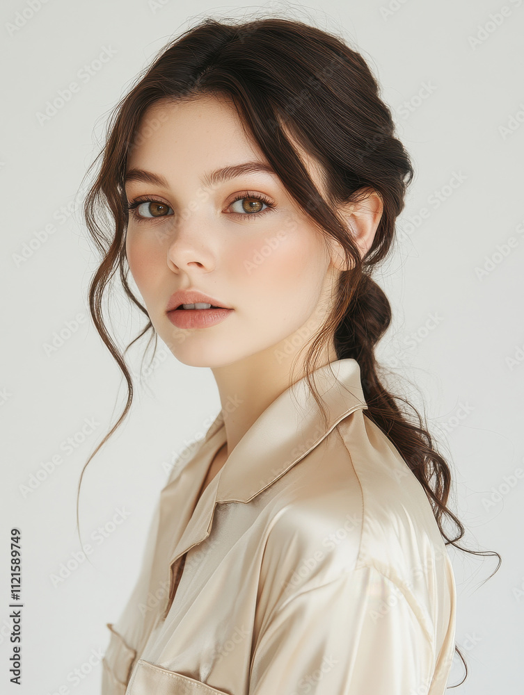 Elegant woman in satin pajamas with soft waves in her hair Elegant woman in satin pajamas with soft waves in her hair