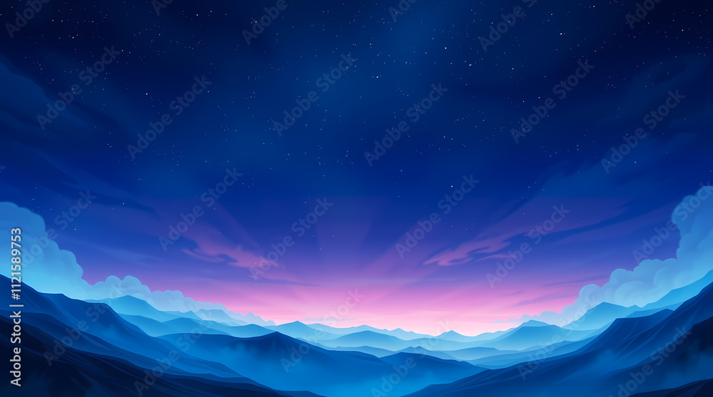 Anime rendering depicts a panoramic view of a mountain range at dawn or dusk. The sky transitions from deep blue to a soft pink and purple near the horizon. Anime rendering depicts a panoramic view of a mountain range at dawn or dusk. The sky transitions from deep blue to a soft pink and purple near the horizon.