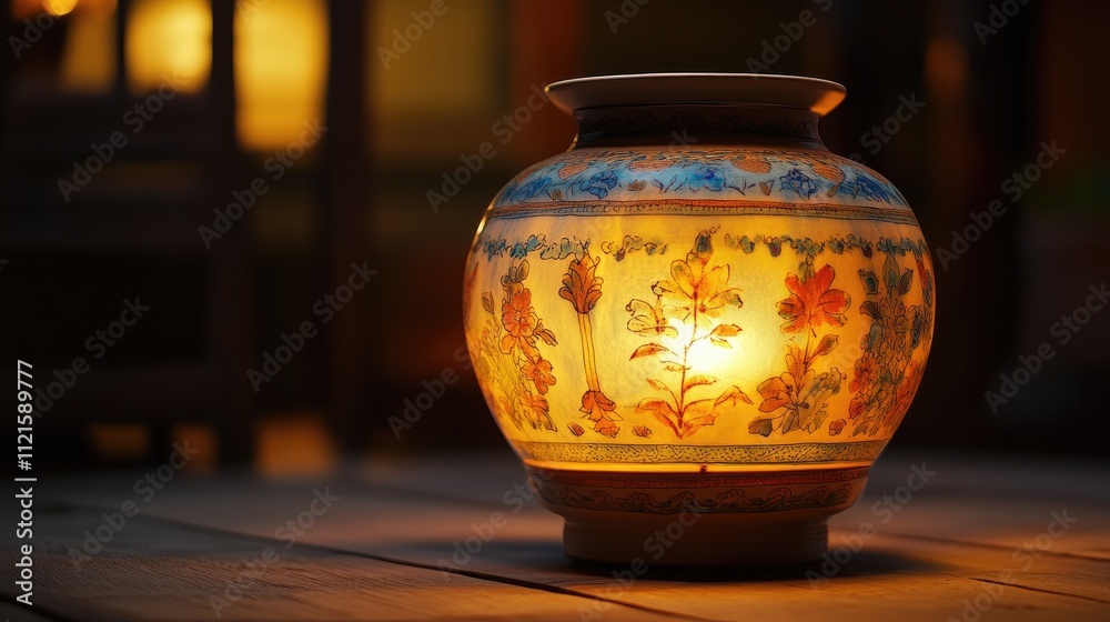 Decorative Ceramic Lantern with Floral Design on Wooden Surface Decorative Ceramic Lantern with Floral Design on Wooden Surface