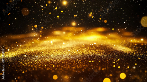 An abstract background with a shining golden floor, particles, stars, and dust creating a futuristic glittering effect in space against a black background.