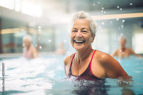 Obraz na płótnie A senior woman enjoys a refreshing swim in the blue waters of the pool, embracing an active and healthy lifestyle. w salonie
