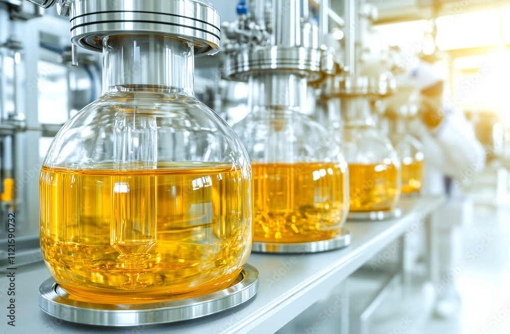 A man in a white lab coat is standing in front of three glass containers filled with yellow liquid A man in a white lab coat is standing in front of three glass containers filled with yellow liquid